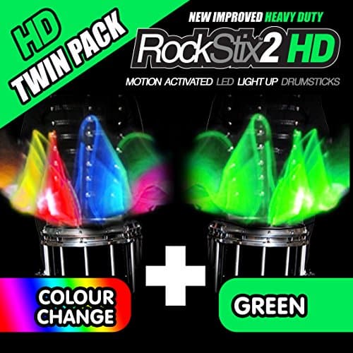 TWIN PACK - ROCKSTIX2 HD LED LIGHT UP DRUM STICKS (1 Pair COLOUR CHANGE + 1 Pair GREEN)
