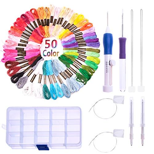 GABBREIN 3 Size Embroidery Punch Needle Stitching Tool &amp; 50 Skeins Cross-Stitching Sewing Cotton Embroidery Thread Kit