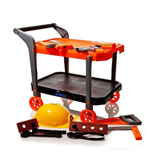 Dimple 15 Piece Children's Toy Construction Worker Set, with Rolling Utility Trolley, Helmet &amp; Tools Set Including Hammer, Hand Saw, Ruler, Screwdriver, Pliers, Wrenches, Screws, Planks