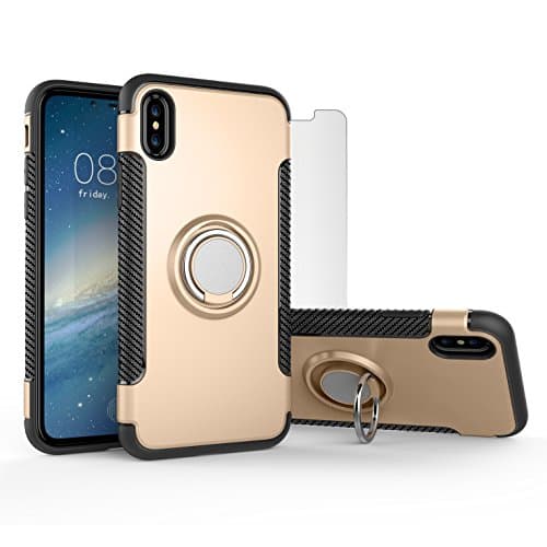 iPhone 10 / X - Protective Phone Case and Tempered Glass Screen Protector [Bundle] - Shock Absorption with Built-in 360 Degree Rotating Finger Ring Grip Holder and Stand - Magnetic Car Mount Compatible (2018 Q1) (Gold)