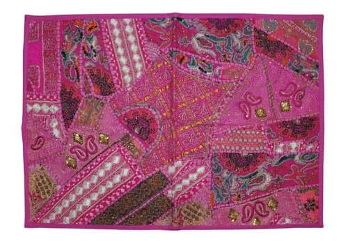 Indian Decorative Wall Hanging Tapestry With Graceful Sequins Beads Mirrors, Zari Silk Thread Embroidery & Multicolour Old Sari Patch Work, 60 X 90 Cm