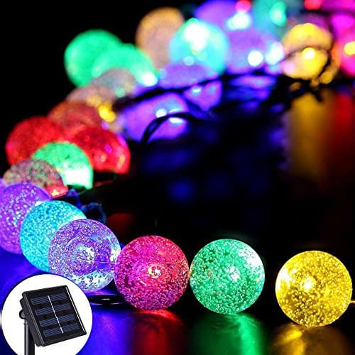 Outdoor Solar String Lights Solar Powered Waterproof Globe Crystal Ball Garden Lights Multi-Color 2 Modes 30 LED Bulbs for Christmas Party, Wedding, Yard, Holiday Decorations
