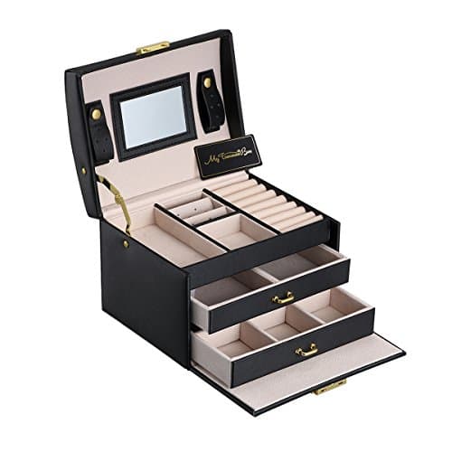 My Treasure Box Elegant Jewellery Box Three-Layer Leather Storage Organizer With Mirror Drawer And Lock For Ladies