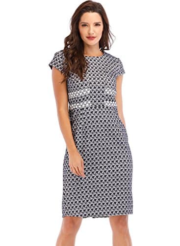 Lefancy Women's Work Cocktail Crew Neck Cap Sleeves Elegant Hounds-Tooth Jacquard Office Sheath Pencil Dress (UK-18/XXXL, Navy)