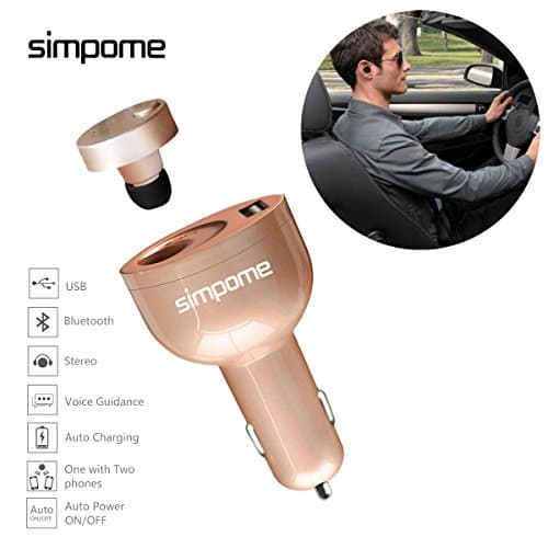 Simpome Car Power Adapter with Mini Wireless Bluetooth Headphone, QC3.0 USB Cogarette Lighter Charger Headset Kit, Car Cell Phone Charger with 4.0 Bluetooth Wireless Earbud for iphone, ISO and Android Smartphones,Rose Gold