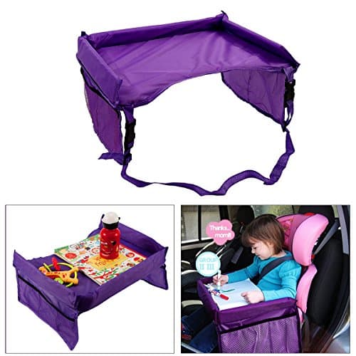 Kids Car Activity Tray - HIGH QUALITY, EASY TO CLEAN &amp; USE - Learn &amp; Play &amp; SNACKS Mat for Car Seat Stroller - Waterproof Travel Organizer Tray with Storage Pocket Organizer - MHBY (Purple)