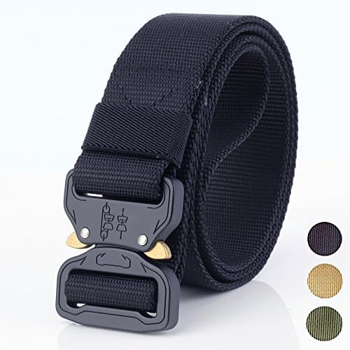 Tactical Belt Nylon Webbing, Military Style Riggers Web Belt with Heavy-Duty Quick-Release Metal Cobra Buckle by LOONG (Black)