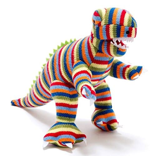 Best Years Knitted T Rex Multi Stripe Soft Toy Dinosaur Suitable from Birth Machine Washable.