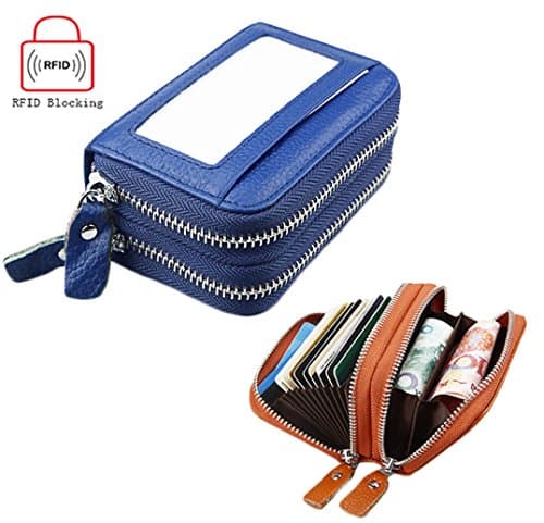 Lememogo RFID Blocking Card Wallet Leather Credit ID Card Holder Case Double Zipper Money Coin Change Cash Purse Travel Pouch for Women Men 11x4.5x7.5 cm (Blue)