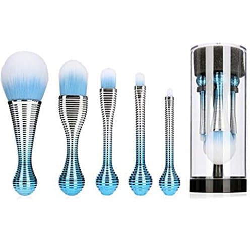 5pcs Professional Tiny Face Brush with Holder for Cosmetics Foundation Eye Shadow Lip Brushes in Portable Travel Case with Bracket for Easy Hang & Dry (Blue)