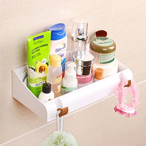 LEF Powerful Vacuum Suction Cup Shower Caddy Basket Holder for Shampoo - Combo Organizer Bathroom Shelf with 2 Hidden Hooks, No Drill (gold)