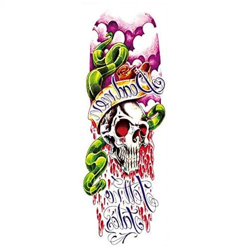 Grashine long last temporary tattoos Full arm skull head with green snake look like real temporary tattoo stickers for adults