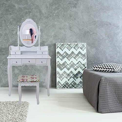Makika Dressing Table Mirror & Padded Stool Set Wooden Vanity 5 Drawers Makeup Dresser Furniture White Chair Bedroom Desk Adjustable Oval Mirror - CARA