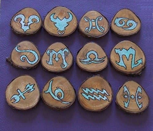 Cherry wood slice pendant, keyring with pyrographed & colored Zodiac symbol.