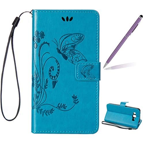 Trumpshop Smartphone Protective Case for Samsung Galaxy E7 (E7000) + Blue + Premium PU Leather Flip Wallet Cover Bookstyle Card Slots Stand Feature Anti-scratch ShockProof