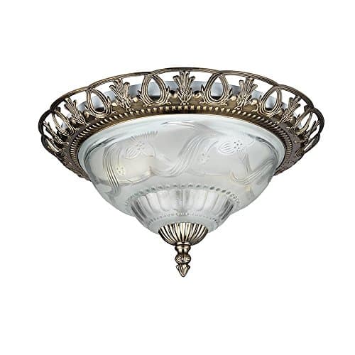 Traditional Antique Brass Flush Ceiling Light Fitting with Floral Glass Shade and decorative Metal Trim - Ideal for Low Ceilings