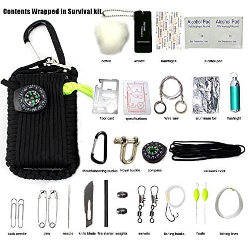 Emergency Survival Kit, 29 in 1 Paracord Mini First Aid Kits Whistle Fire Starter Baits Compass for Camping Hiking (Black)