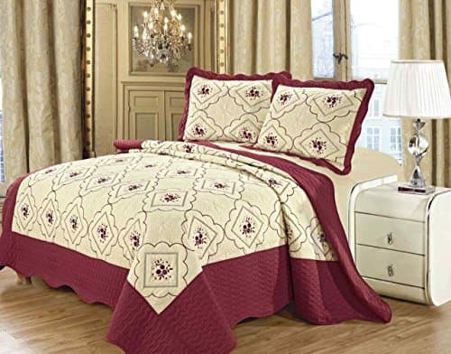 3 Piece Polycotton Floral Embroidered Quilted Bedspread Comforter Throw - Single Double King Size (Single Bed, Burgundy)