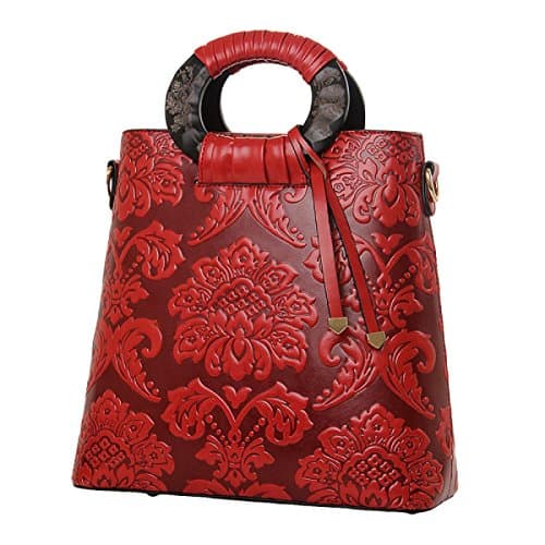 Retro Embossed Round Wooden Handbag Shoulder Bag Diagonal Package Large Capacity Trend Package,Red-OneSize