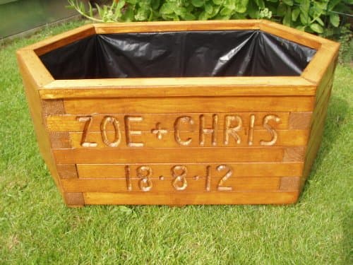 Personalised handmade pre-assembled wooden 700mm x 400mm extended hexagonal smooth walnut stained Pottyplanters planter