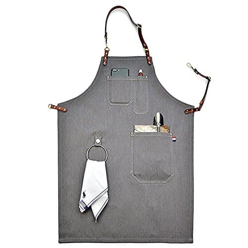 cleanpower Unisex Denim Aprons Adjustable Leather Strap Chef Kitchen Apron Workwear with Tool Pocket (Small)