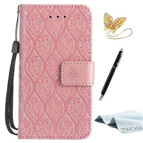 Galaxy S6 case,TOUCASA® PU Leather Wallet Magnetic Case Card Slots Cash Holder Kickstand Flip Book Case with embossing tree plant Design for Samsung Galaxy S6 + Free Touch Stylus Pen &amp; Dust Plug-Rose Gold