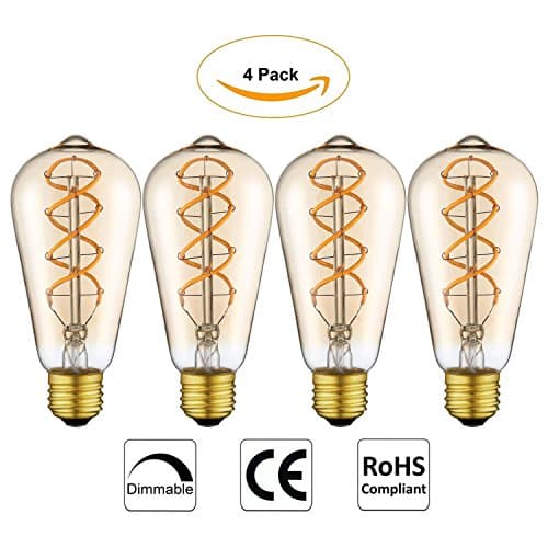 Vintage Edison LED Light Bulbs, E27 Spiral Flexible LED Filament Decorative Light Bulbs, Dimmable Warm White 2200K 160LM 4W Equivalent 25W 220V - Model ST64 (φ64mm) - 4 Pack [Energy Class A++]