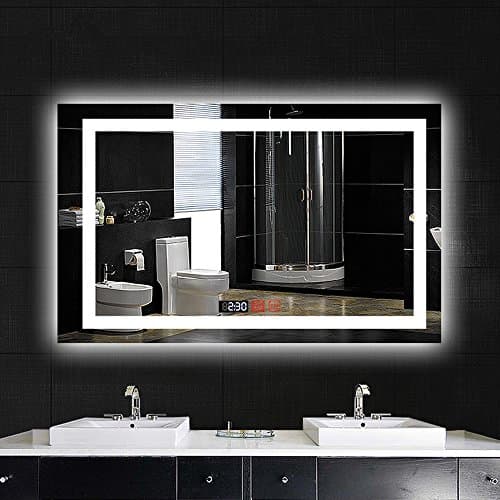 500*700mm LED Illuminated Bathroom Mirror Light, Make Up Dressing Wall Mounted Explosion-proof Mirror with Sensor Switch + Digital Clock+Temperature Display+Demister (White light, Rectangle)