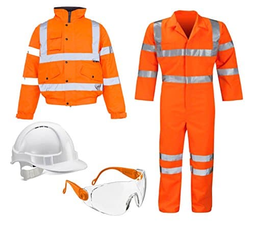 Safety Wear Bundle (XX Large) For Men 4 Items - Hi Viz Bomber Jacket And Hi Visibility Coverall- Hard Hat Safety Helmet And Safety Specs For Eye Protection