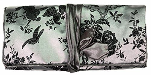 Silver Embroidered Bird Silk Make Up Bag Wrap Jewellery Roll, 26 X 19 Cm (Approx), Multicoloured