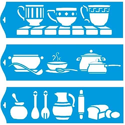 Set of 3 - 28cm x 8cm Reusable Flexible Plastic Stencil for Graphical Design Airbrush Decorating Wall Furniture Fabric Decorations Drawing Drafting Template - Vintage Kitchen Cups Pots Soup Bowl