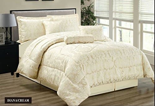 Super Luxury 7pc Jacquard Quilted Bedspread Comforter Bedding Set With Matching Cushion Covers (Double, Diana Cream)