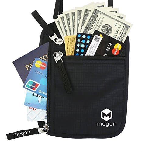 MEGON Travel Neck Wallet with built-in RFID Blocking, Adjustable Strap - Documents Organiser, Money Wallet, Passport and Credit Card Holder with Hidden Security Pouch for Men and Women, Black