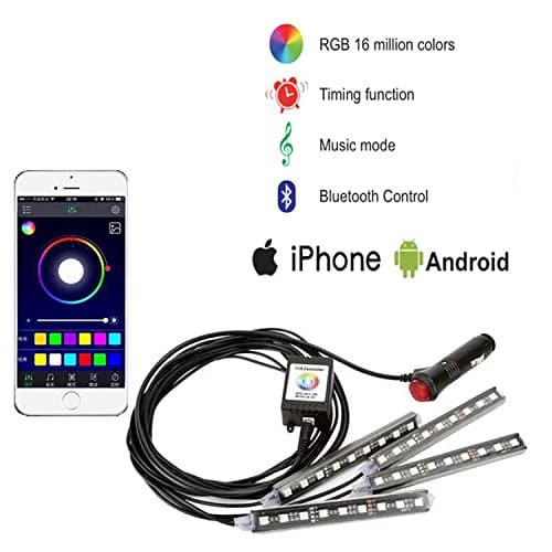 4Pcs Colorful Car Interior LED Atmosphere Light, Glow Neon Floor Light Strip Under Dash Lighting Kit Sound Activated and Wireless APP Bluetooth Remote Control for iPhone Android Phones