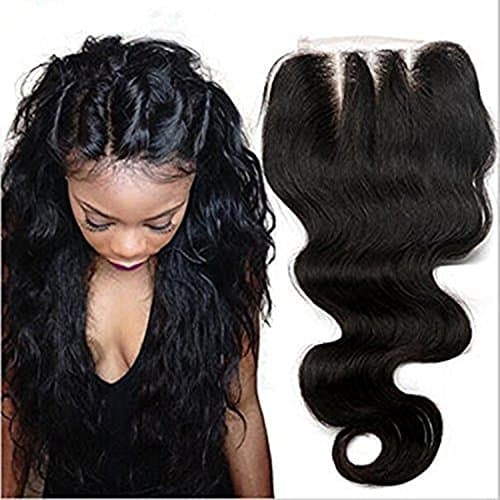 Unprocessed Human Brazilian Body Wave Lace Closure Top Quality Virgin Hair 4*4 Bleached Knots Free/Three/ Middle Part Selected 1b Natural Black (12", Free part)