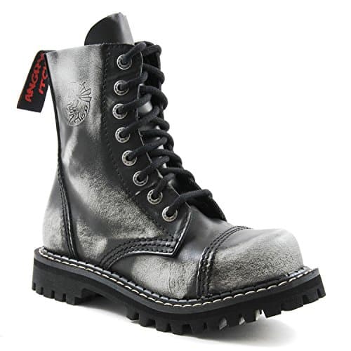 Angry Itch 8-Hole Gothic Punk White rub-Off Leather Army Ranger Boots with steeltoe - UK Sizes 3-13 - Made in EU!, EU-Size:EU-39