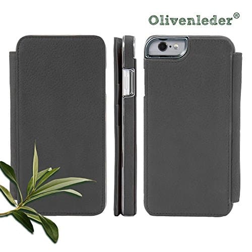 MACOON iPhone 6s 6 leather case HANDMADE - VEGETABLE TANNED LEATHER Made in Germany Olive leather Edition 'Schiphol' - Luxury Genuine leather Wallet Flip Folio Cover , color: Black