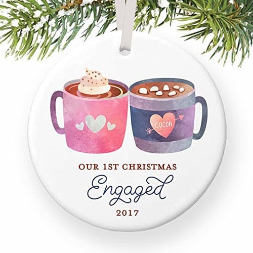 Our First Christmas Engaged Ornament 2017, Dated Year 2017, 1st Xmas Engagement Ornament for Fiancee, Cute Mugs Ceramic Present Keepsake 3" Flat Circle Porcelain with White Ribbon & Free Gift Box