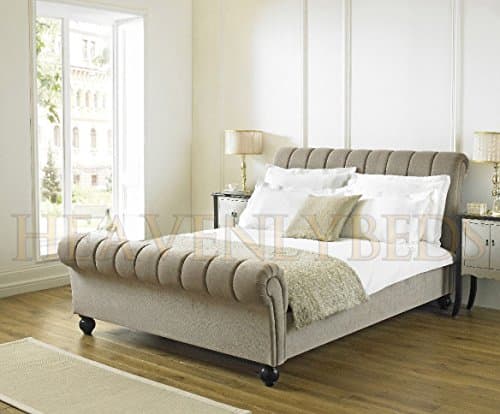SLEIGH SCROLL UPHOLSTERED BED FRAME CHENILLE VELVET FABRIC (Mink Chneille, 4'6 Double)
