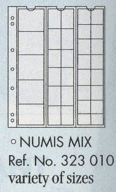 NUMIS MIX sheets for a variety of sized coins. Pack of 5 sheets.193x217mm