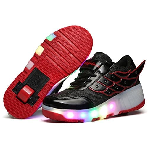 TeraSeven Unisex LED light Heelys Shoes Wing Style Rolls Adjustable Skates Rollerblades Inline Skates Single Wheel Boys Girls Kids Unisex Adults Black Red(2.5 UK)