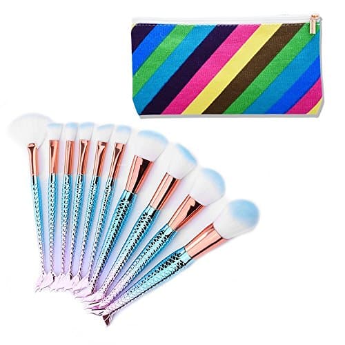 MYG Elite Mermaid Makeup Brushes Set 10pcs Fishtail Fish Scale Multi-purpose Make-up Kit Professinal Cosmetics Tool With Pouch (Rainbow) + 1Pc Makeup Silicone Puff