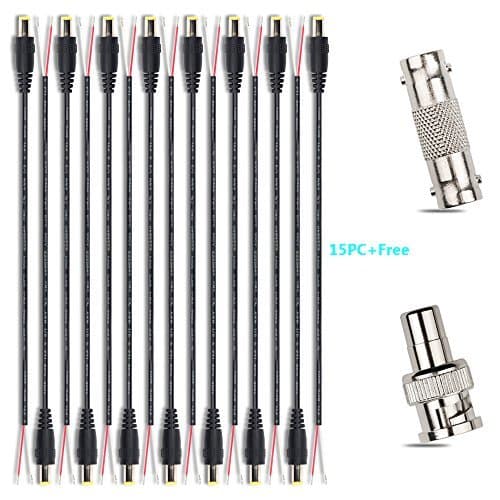 15pcs 1ft DC Male Wire Power Pigtail Adapter Barrel Plug Socket Cables with Free BNC Male to RCA Female and BNC Female to Female Jack for CCTV Security Camera DVR LED Strip Light