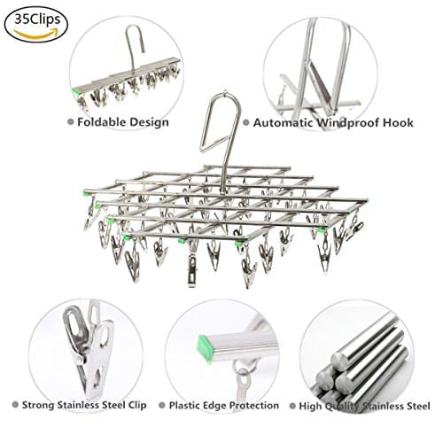 Stainless Steel Hanger Drying Rack 35 Clips Pegs Windproof Foldable Swivel Hook for Underwear Socks Glove Towels Scarves Shirts Small Size Clothes