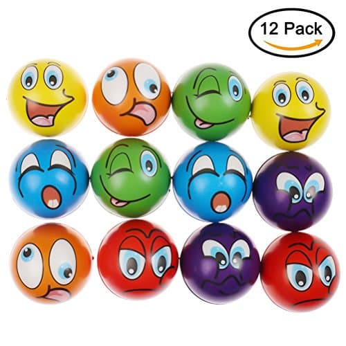 WANTING 12 PCS Stress Ball Squeeze Balls Multi-Colored Funny Face Squishy Balls Finger Exerciser Stress Reliever Toy Set (2.5" Diameter)