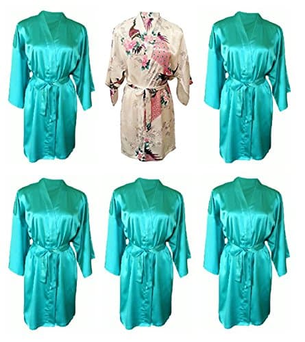 Party Pack Set of 6 Pretty Hen Party Getting Ready Robes, OSFM, Wedding Dressing Gowns for Bride/Bridesmaids, 1 White Satin Peacock Kimono Robe & 5 Solid Satin Teal/Turquoise Kimono Robes