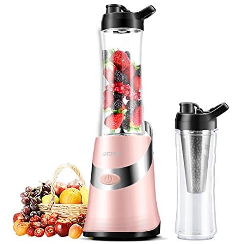 GRECOOK Mini Smoothie Blender and Juicer，Mini Personal Electric Extractor Juicer with Two 500ml Portable Travel Sport Bottles，300 W (Golden)