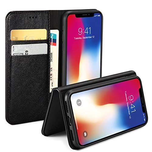 iPhone X Leather Wallet Case, EJBOTH Flip PU Leather Stand Case Cover Drop Proof Slim Fit with Embedded Magnetic Closure - Auto sleep and wake up Function. [ black ]