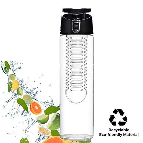 Fruit Infuser Sport Water Bottle with Fruit Infuser And Carrying Handle, 23 Oz Transparent Bottle with Locking Flip Top Lid And Carrying Handle - BPA FREE - Made With Tritan Copolyester-- (Many Color Option) (Black)
