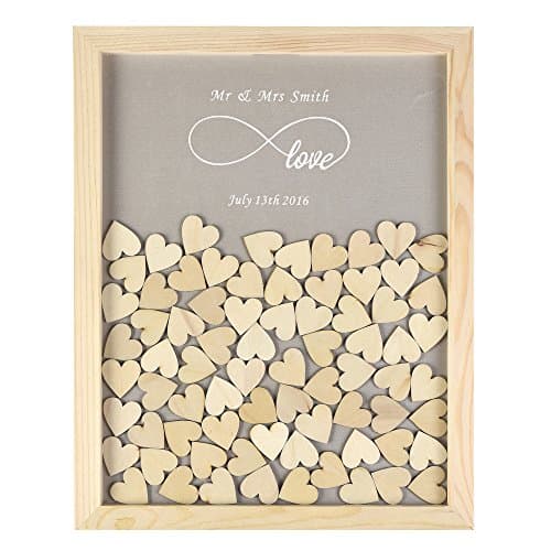 YS2016 Personalised Engraved Infinity Love Rustic Drop Top Wooden Frame Wedding Guest Book With 130 Small Wood Hearts (Pearl Silver)